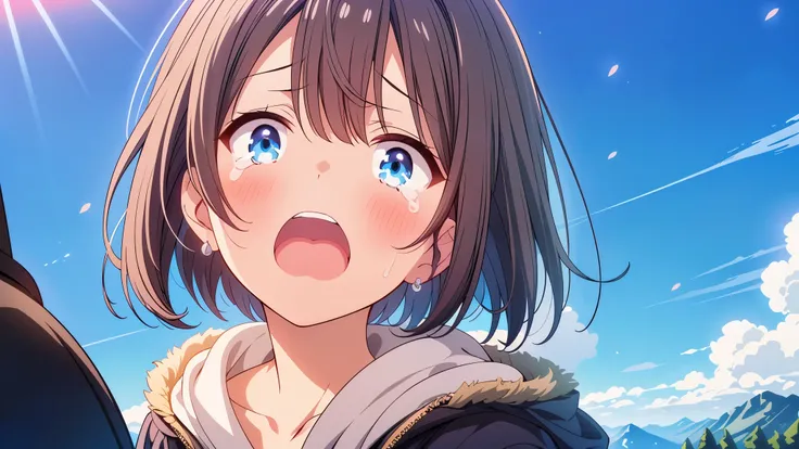 1girl,(((Highest quality、Masterpiece、Official Art、The best dynamic composition、HD、Super detailed)))、70-year-old grandma、Gray and blue gradation hair、overhead shot, upper body, snow mountain, concept art, shedding tears、He kneels on the ground, looking up a...