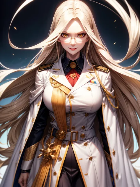 tall woman, volumptious body, long blonde hair, glasses, wild hair, evil smile, evil eyes, piercing yellow eyes, white military uniform, white coat hanging on the shoulder, navy blue shirt, red lipstick, looking at viewer, crazy 