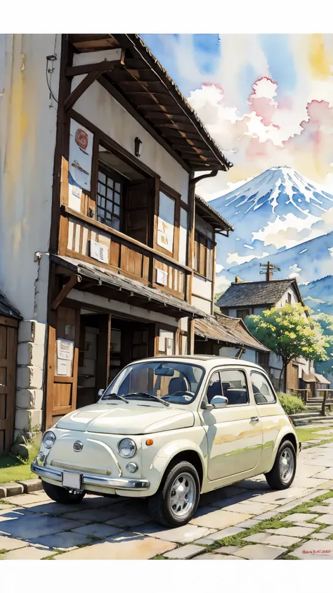 (masterpiece:1.2, highest quality),(very detailed),(((watercolor))),8k,wallpaper,cream-colored fiat 500,run mount fuji,blue sky,...