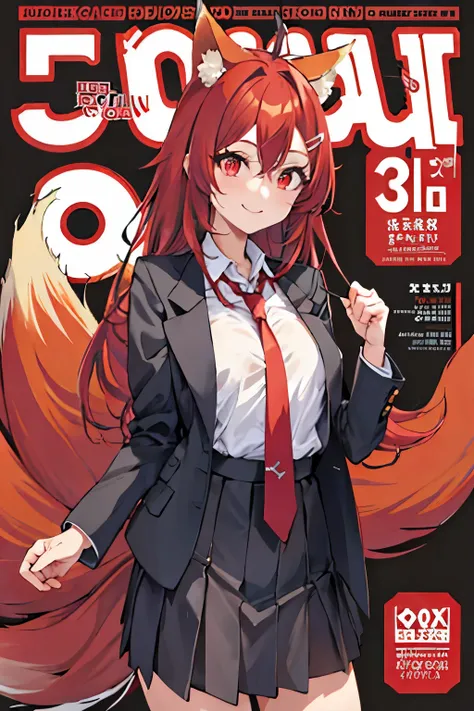 Firefox-Skollie, red eyes, fox girl, multiple tails, multicolored hair, 1girl, hairclip, solo, light smile, small breasts, looking at viewer, 
, pleated skirt, necktie, open jacket, magazine cover, simple background, 
(masterpiece:1.1), (best quality:1.1),...