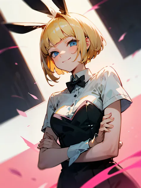 from avobe,solo,short pixie cut,blonde outside flipped hair,blunt bangs,arua blue eyes,black white bunny girl wear,pink rabbit ear,smile,crossed arms,pride,