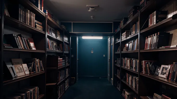 Shelves full vhs, found footage filter, paranormal, midnight, mysterious atmosphere, symmetrical composition, blue and red Color Palette