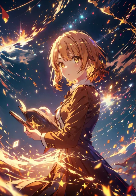 Irohaisshiki, isshiki iroha, Short Hair, Brown Hair, (Brown eyes:1.5), smile,((Night Sky)),((Big full moon)),((Sparkling and colorful stars)),Fluffy hair,((Idol style costume with soft volume)),Long skirt,Holding a magic book in his right hand,Uses magic w...