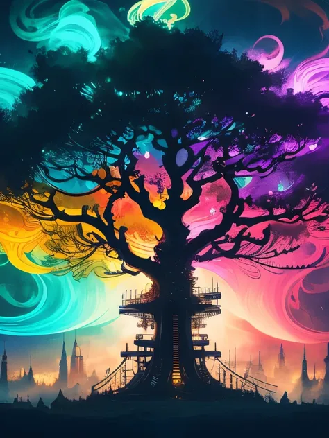 dreamlikeart tree of live, colorful smoke, insane details, steampunk details, intricate details, hyperdetailed,