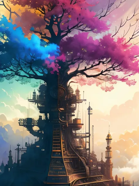 dreamlikeart tree of live, colorful smoke, insane details, steampunk details, intricate details, hyperdetailed,