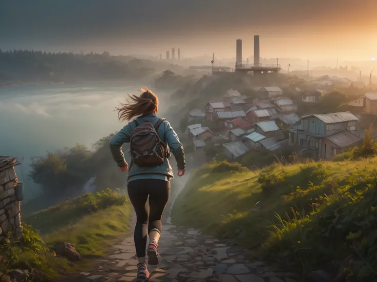 Woman running up a steep hill in a misty rural town at sunrise、Distant and Near Views、Old rusty factory chimneys near the bay and port、Cinematic lighting、Dramatic atmosphere、8K、high quality、Photorealistic、Detailed landscape、Moody colors、Volumetric lighting...