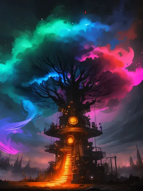 dreamlikeart tree of live, colorful smoke, insane details, steampunk details, intricate details, hyperdetailed,