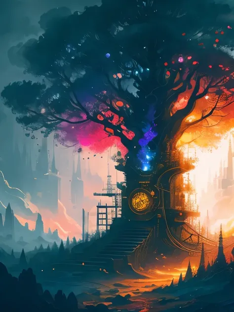 dreamlikeart tree of live, colorful smoke, insane details, steampunk details, intricate details, hyperdetailed,