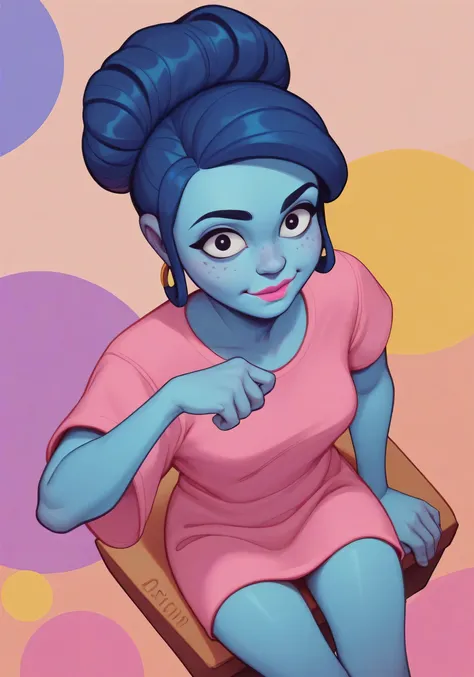 punctuation_9,punctuation_8_High above,punctuation_7_High above,punctuation_6_High above, BREAK the blue skin, Dark Blue Hair, hair bun, dotted eyes, eyelash, yellow earrings with pink lipstick, T-shirt dress, pink dress, Purple West, sitting pose with ope...