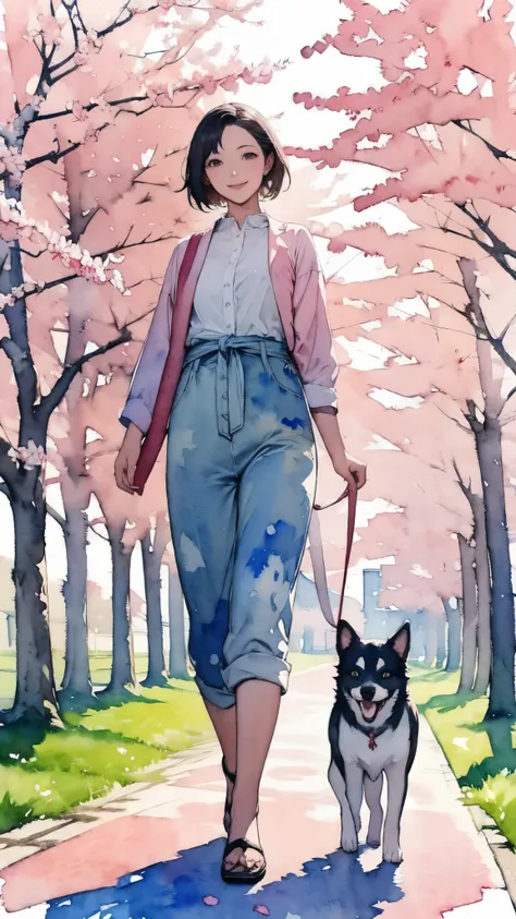 (masterpiece),(Highest quality:1.2),(Very detailed:1.2),(High resolution),(((watercolor))),8K,A woman walking along a row of cherry blossom trees,Walking with a small dog.Beautiful cherry blossoms blooming all over the place,透明watercolor,(smile)