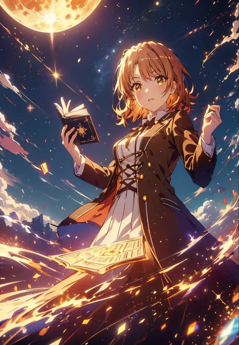 Irohaisshiki, isshiki iroha, Short Hair, Brown Hair, (Brown eyes:1.5), smile,((Night Sky)),((Big full moon)),((Sparkling and colorful stars)),Fluffy hair,((Idol style costume with soft volume)),Long skirt,Holding a magic book in his right hand,Uses magic w...