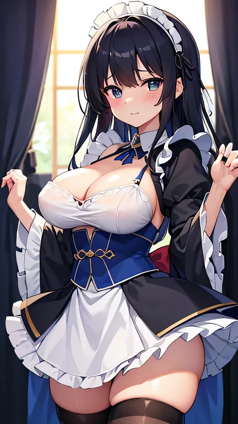 Main piece、high qualiy、high resolution、1 girl,Solteiro, Ruka Sarashina、jewerly、overskirt、Maid uniform that exposes breasts、Japanese maid cafe、BBlack hair woman、shorth hair、Bblack hair、black pantyhose, blue colored eyes, longsleeve, blue hairband, bangss, b...