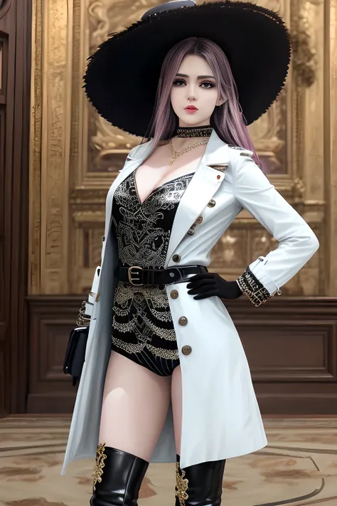 1girl,elegant, stylish suit, wide-brimmed hat, floral decorations, long white trench coat, classic buttons, belt design, dark striped suit, suit jacket, pants, capable, fashionable, black gloves, small black handbag, black high-heeled boots, sophisticated,...