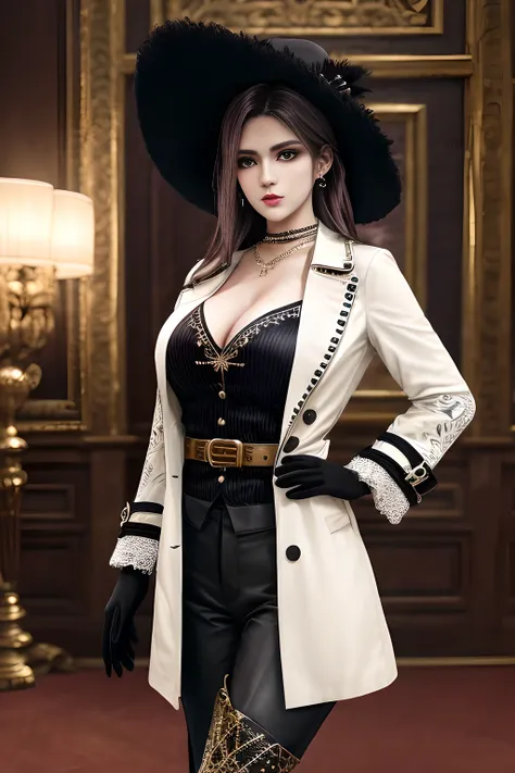 1girl,Wearing an elegant and fashionable suit. Wearing a wide-brimmed hat with delicate floral decorations. Wearing a long white trench coat, the buttons and belt design of the trench coat add a touch of classicism. Wearing a dark striped suit, including a...