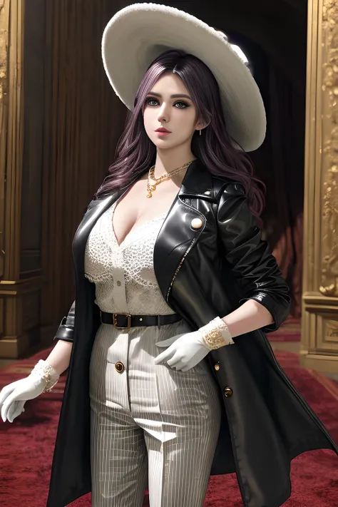 1girl,Wearing an elegant and fashionable suit. Wearing a wide-brimmed hat with delicate floral decorations. Wearing a long white trench coat, the buttons and belt design of the trench coat add a touch of classicism. Wearing a dark striped suit, including a...