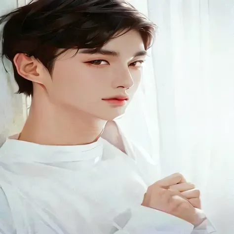 a closeup of a person in a white shirt, hyung tae, jungkook, kim taejin, black haired yoongi, pale korean adorable face, young pale angel, ten reads, with short hair, hong june hyung, Jimins grecian nose, kim doyoung, his eyes seem wise, hyung tae kim, shi...