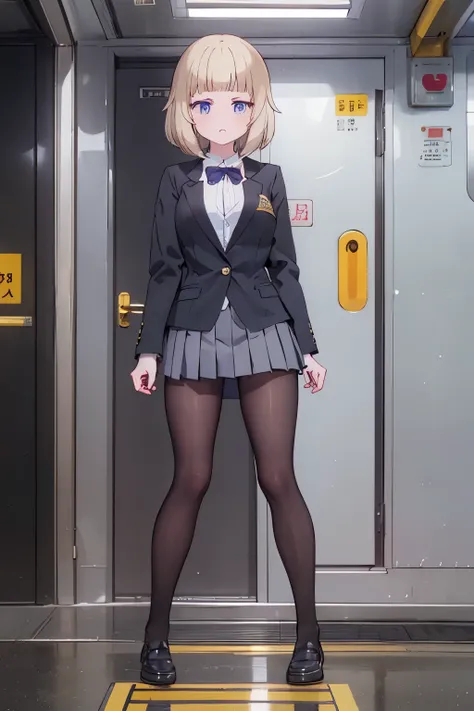 (8K、Highest quality、highest quality、masterpiece)、Detailed face、One girl、on the train、Put your hands on the door、Press against chest、((ドアの窓ガラスにPress against chest1.4))、、short hair、、blunt bangs、Grey Eyes、、、((Blazer jacket uniform))、((Pleated skirt))、((No pan...