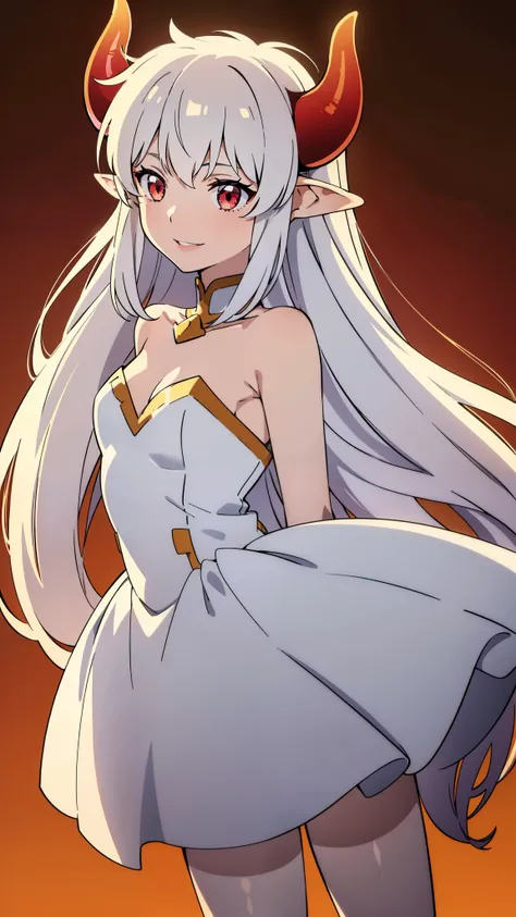 1girl,16s,small size,solo,white short dress,white hair,long hair,elf ears,horns,white pantyhose,cleavage,red eyes,gold tiara,((no background)),talking,happy,smile,separated lips,from behind