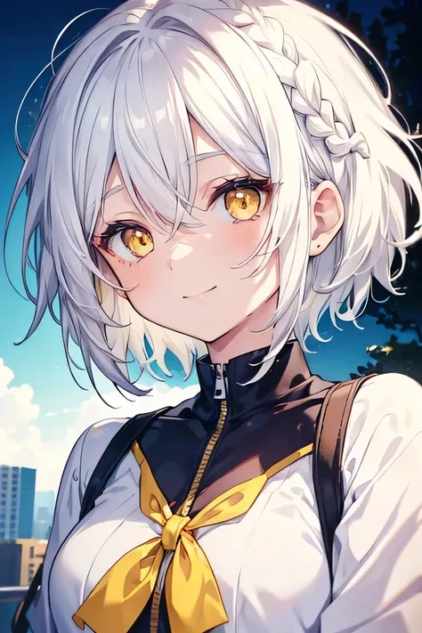 girl, cute anime girl, smiling, white hair, short hair, hair in a braid on the side, messy hair, big eyes, yellow eyes
