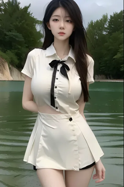 Beautiful woman with perfect body：1.4，Layered Hairstyle，Highly detailed face and skin textures，Double eyelids，Skin Whitening，Long hair，Whitened long legs，（Uniforms，Collar），Standing by the sea