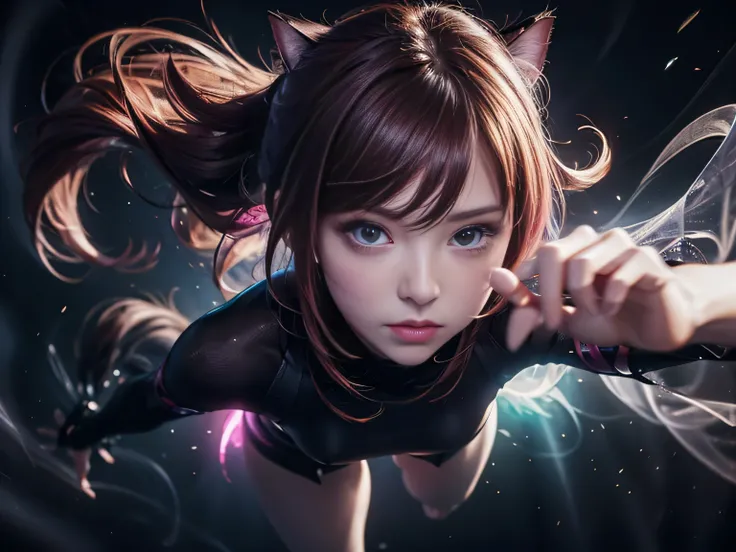 (Best Quality, 8K, Masterpiece, HDR, Soft Lighting, Picture Perfect, Realistic, Vivid), Cat Girl (1.0), Cat Girl with Red Hair and brown eyes and Sexy Revealing Clothes, Pink Bodysuit with Glitter Texture, Beautiful Anime Fantasy, Very beautiful and cute c...