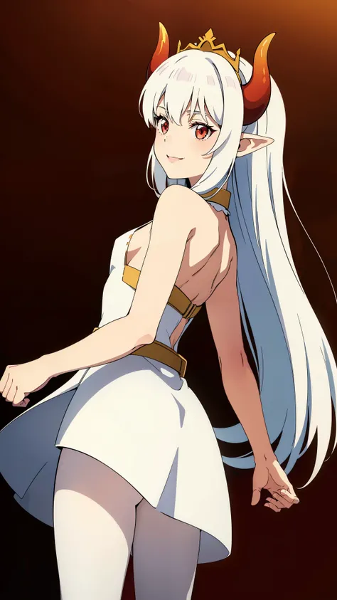 1girl,16s,small size,solo,white short dress,white hair,long hair,elf ears,horns,white pantyhose,cleavage,red eyes,gold tiara,((no background)),talking,happy,smile,separated lips,back view,hand_on_own_cheek,looking to side