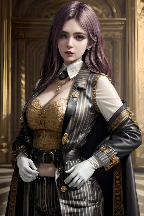 1girl,Wearing an elegant and fashionable suit. He is wearing a long white trench coat, and the buttons and belt design of the trench coat add a touch of classicism. He is wearing a dark striped suit, including a suit jacket and pants, and black gloves on h...