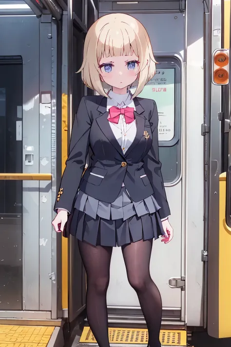 (8K、Highest quality、highest quality、masterpiece)、Detailed face、One girl、on the train、Put your hands on the door、Press against chest、((ドアの窓ガラスにPress against chest1.4))、、short hair、、blunt bangs、Grey Eyes、、、((Blazer jacket uniform))、((Pleated skirt))、((No pan...