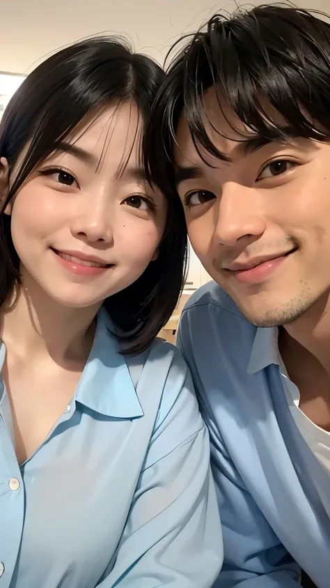 A man and a woman wearing loose, refreshing blouses are rubbing cheeks together、Looking straight at the camera and smiling, The background is a plain gray gradient, Close-up