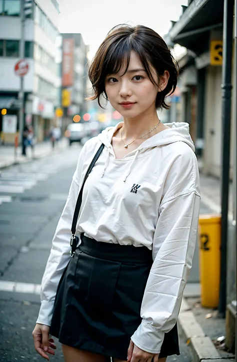 素敵なsmile、（（Nagoya street corner））、Cowboy Shot、ring、Black hoodie、black flared mini skirt.Tuck your hair behind one ear、Silver Necklace、smile、 Elegant ponytail、Caustics、Highly detailed photos、Very beautiful ideal short hair}}}}.Super no makeup、(8K、RAW Photos...