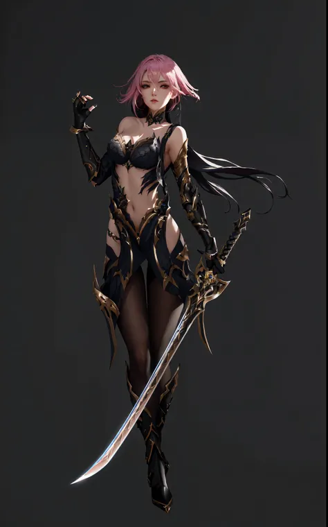 Close-up of a woman holding a sword and a rapier, Dark Witch Panorama, Epic and beautiful character art, dark fantasy character design, 2. 5D CGI anime fantasy artwork, Dark Elf Princess, She holds a sword, Shadowverse character concept, Whole body concept...
