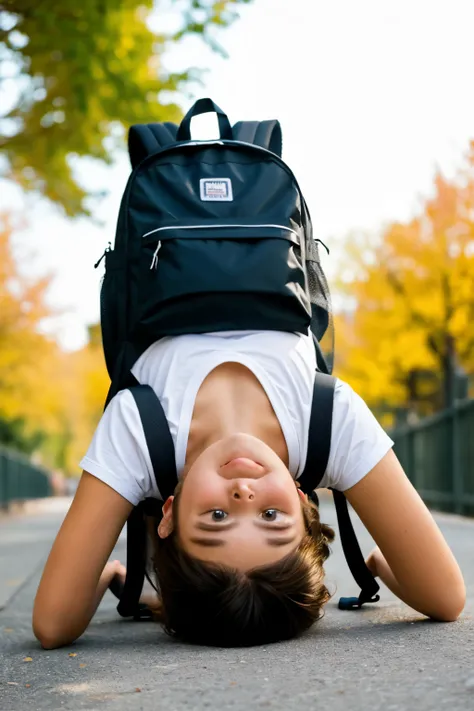 Girl on her back wearing a backpack