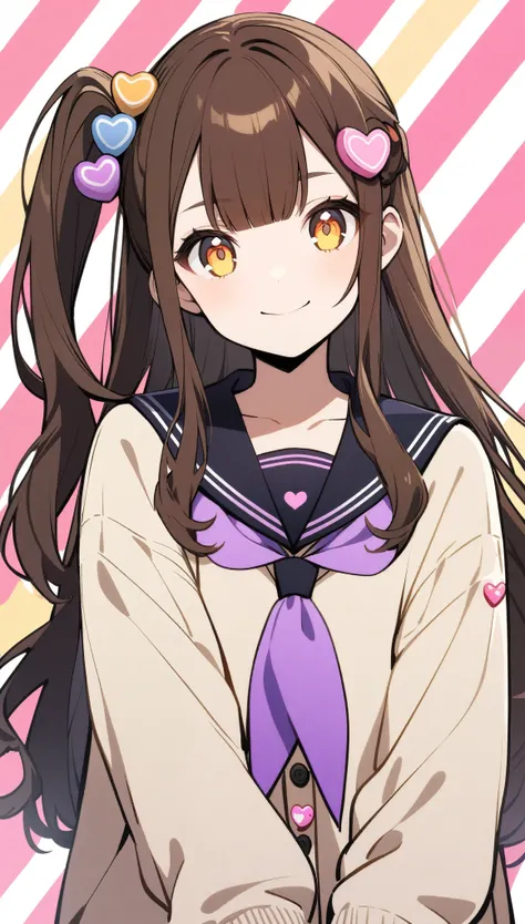 My Style, 1girl in, 独奏, Brown hair, heart mark, hair ornament, , Side Ponytail, Smile, Looking at Viewer, neckerchief, Upper body, Heart hair ornament, cardigan, Sailor collar, serafuku, black sailor collar, bangs, Yellow eyes, Closed mouth, Long hair, Bro...