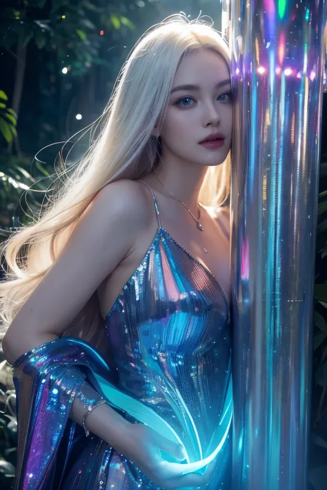 close up, masterpiece, hyper realistic a stunningly beautiful woman figure with platinum blonde hair stood in the middle of a forest, she smile attractive radiating an otherworldly aura, her hair as an iridescent holographic rainbow waterfall that defies t...