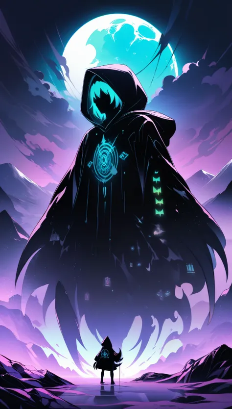 Surreal landscape with moon glow, Features a hooded silhouette with faceless function. The silhouette is、Highlighted with glowing glyphs and symbols, It is accentuated by the characters large hood and long claws,