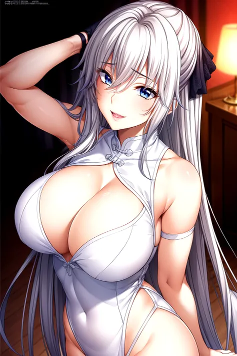 chinese dress,bare shoulders,cleavage,clavicle,full body pictures, white hair,blue eye,long hair, 1 girl, 25 years old,young wom...