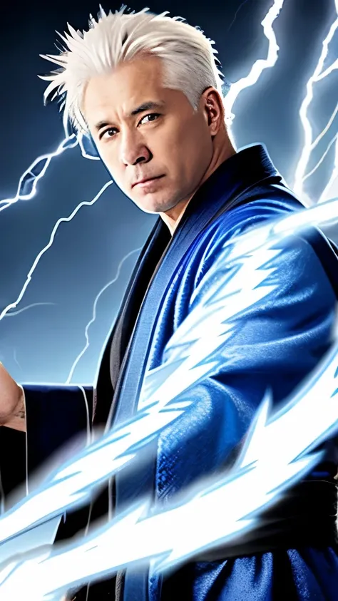 White-haired middle-aged man with lightning bolts in his hands, blue Daoist robes, strong