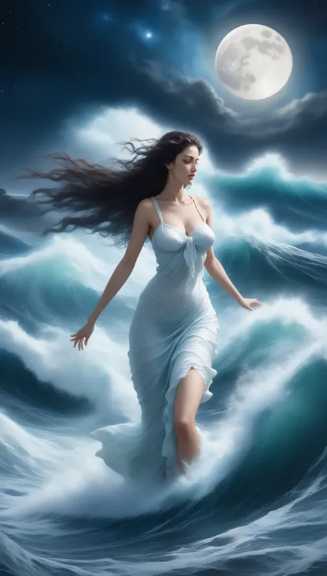score_9, score_8_up, score_7_up, score_6_up, score_5_up, score_4_up, the sea splits in two, like the Ten Commandments of Moses, with a beautiful woman like a sea spirit in the center, turbulent sea water, splashes of water, galaxy, white full moon