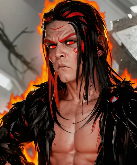 monster,full black red hair,red eyes,realistic,full detail,