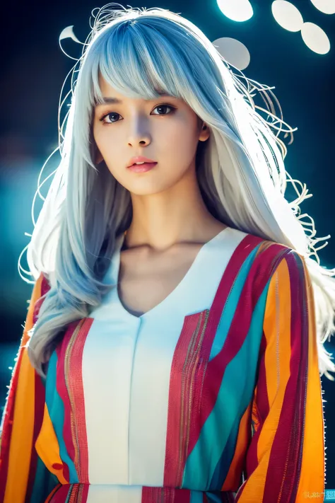 Masterpiece, high quality, high resolution, 8K, (solo:1.2), ((1girl)), Japanese woman, detailed face, detailed eyes, correct body structure, upper body, ((White hair:1.2)), very long hair, messy hair, slender body, seductive silhouette, luminous bones, dep...