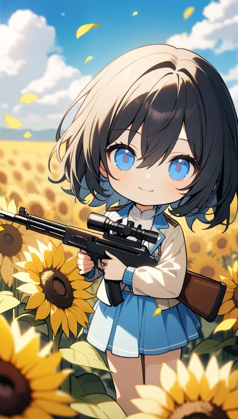 32k, 1girl, solo, looking at viewer, smile, bangs, blue eyes, skirt, black hair, long sleeves, holding, hair between eyes, closed mouth, jacket, weapon, flower, outdoors, sky, day, cloud, chibi, holding weapon, blurry, blue sky, blue skirt, gun, petals, de...