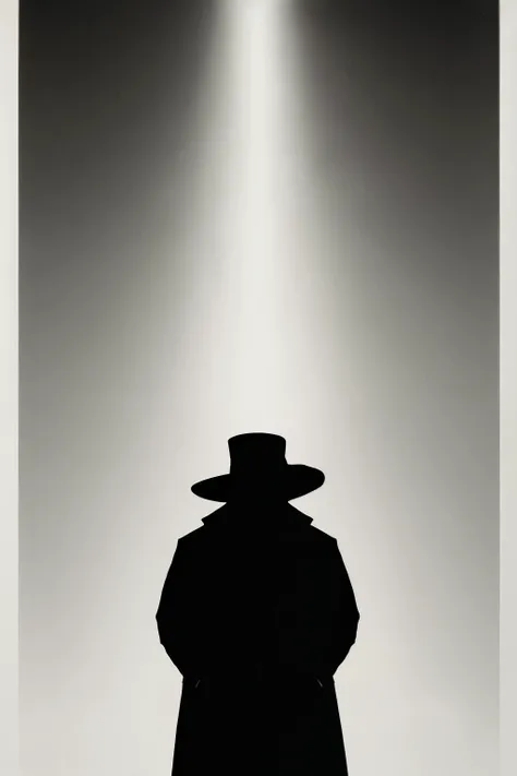 black and white illustration, drawn with pencil, where a man stands in the center. This man is wearing a wide hat that casts a shadow over his face, giving it a mysterious and mystical air. His eyes are deep and penetrating, suggesting wisdom and arcane kn...