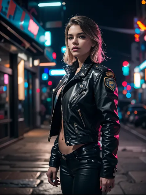 Portrait of an ultra hot gorgeous European woman. Age 23. emb-haiz, beautiful face, in cyberpunk city at night. She is wearing a leather open jacket,lingerie,  black jeans, dramatic lighting, (police badge:1.2).