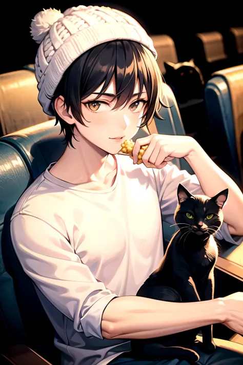 black-haired man in wool cap dressed with his pet black cat with white spots at the cinema eating popcorn
