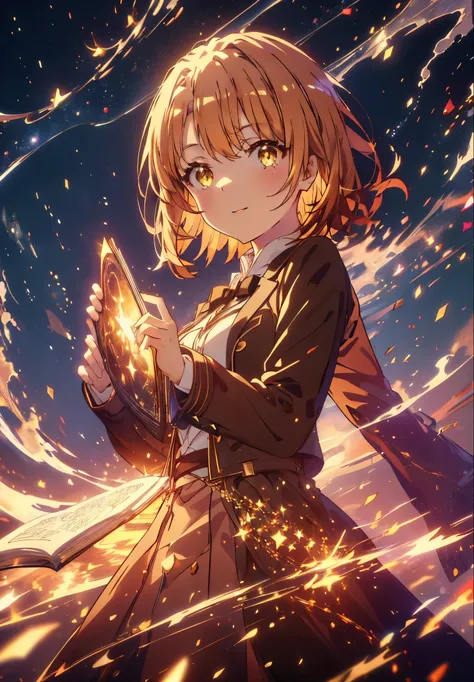 Irohaisshiki, isshiki iroha, Short Hair, Brown Hair, (Brown eyes:1.5), smile,((Night Sky)),((Big full moon)),((Sparkling and colorful stars)),Fluffy hair,((Idol style costume with soft volume)),Long skirt,Holding a magic book in his right hand,Uses magic w...