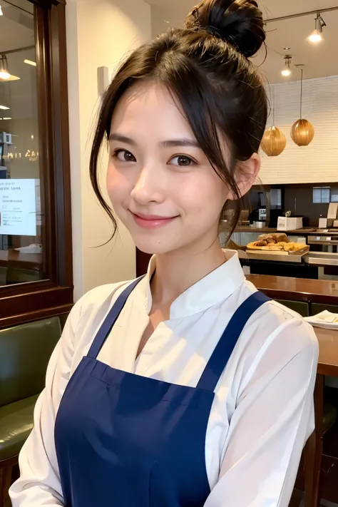 Smiling at the restaurant counter３０Japanese female staff。Her hair is pulled back in a low bun.。No hair on the shoulders。Wearing a white blouse with long sleeves。All buttons on the blouse are closed。I cant see my chest。Hair not covering ears。A clean-cut wom...