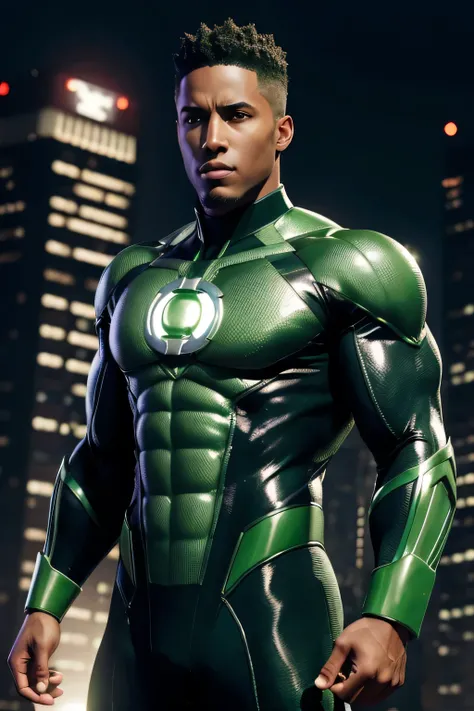 John Stewart, Green Lantern He has a medium skin tone and his hair is dark, shaved on the sides. 3D FullHD 