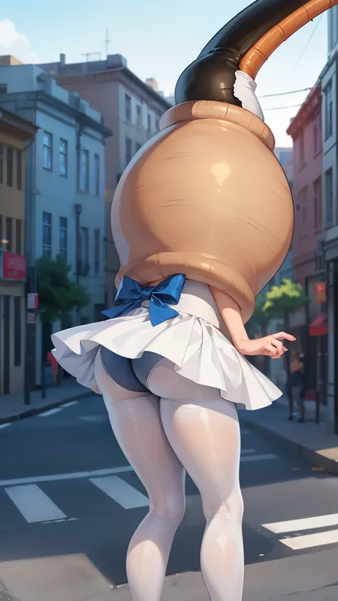 1girl, natural lighting, masterpiece, highly detailed, realistic, 8k resolution, high quality, aichan, city, narrow waist, (cell vore), (tail vore:1.3), struggling, ass view, white pantyhose, tutu