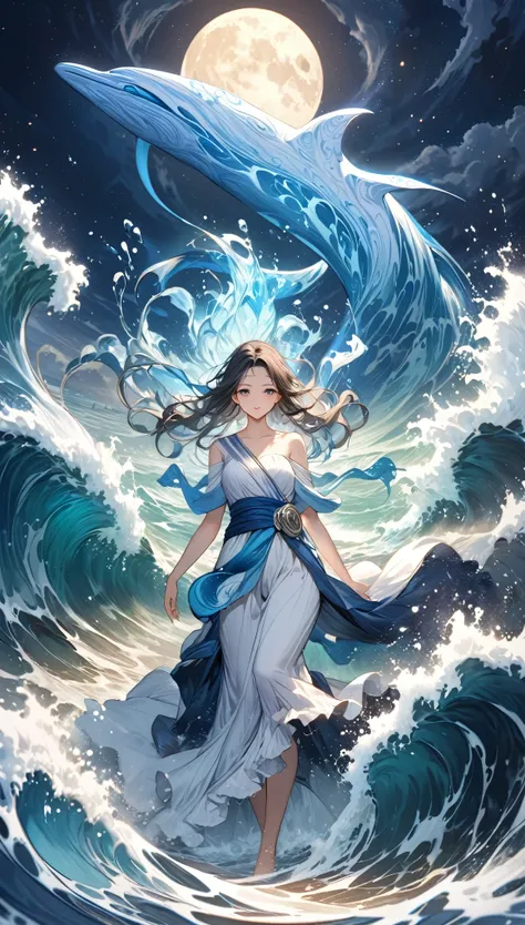 best quality, super fine, 16k, incredibly absurdres, extremely detailed, 2.5D, delicate and dynamic, the sea splits in two, like the Ten Commandments of Moses, with a beautiful woman like a sea spirit in the center, captivating look, turbulent sea water, s...