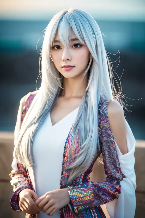 Masterpiece, high quality, high resolution, 8K, (solo:1.2), ((1girl)), Japanese woman, detailed face, detailed eyes, correct body structure, upper body, ((White hair:1.2)), very long hair, messy hair, slender body, seductive silhouette, luminous bones, dep...